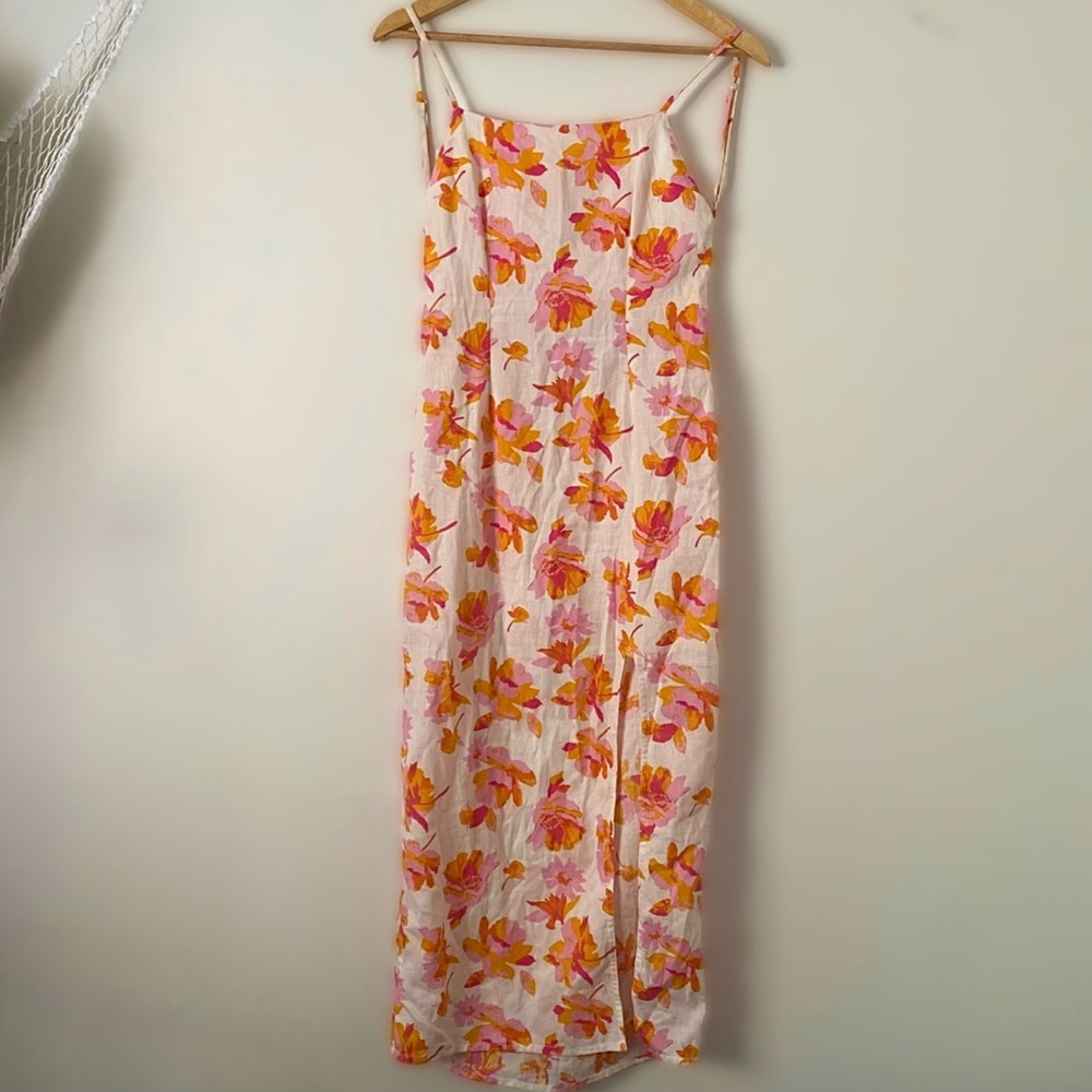 ASOS DESIGN Floral Summer Midi-Dress Backless Spaghetti Strap Pink & Orange Slit - Picture 8 of 12